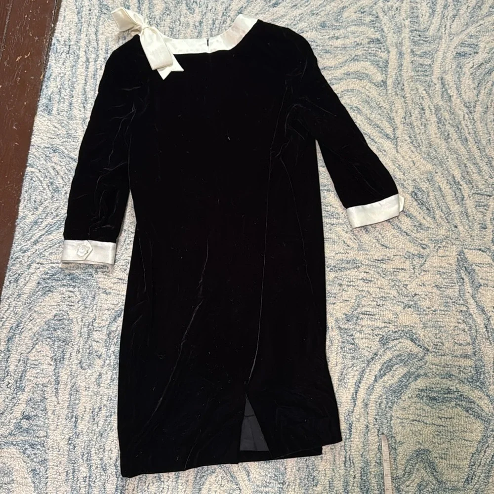 Adrianna Papell vintage 90s Black White Velvet Dress Bow Wednesday Addams 14